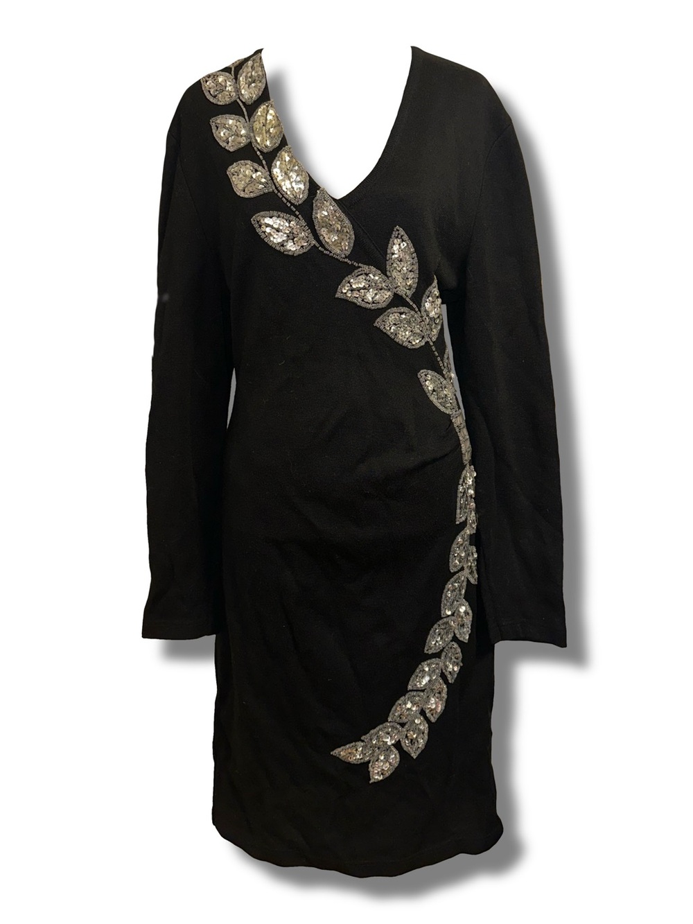 Vtg Black Knit Sweater Dress w/ Silver Sequins and Beading
